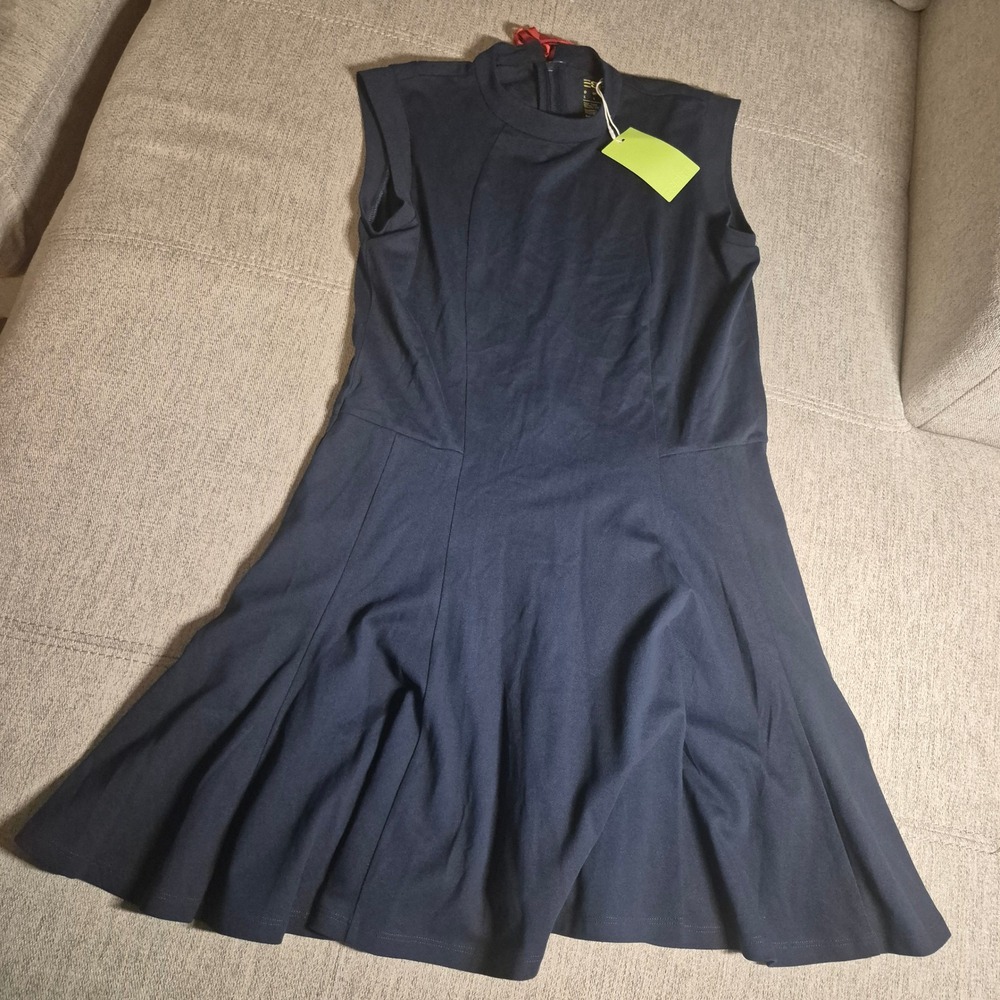 Esprit Lab Mock Neck Sleeveless Fit Flare Pleated Dress Navy Blue NWT